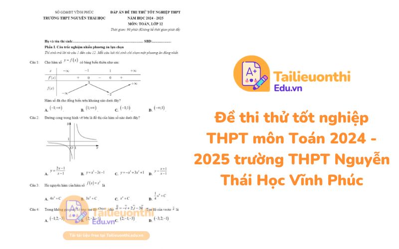 Đề thi thử tốt nghiệp THPT môn Toán 2024 - 2025 trường THPT Nguyễn Thái Học Vĩnh Phúc